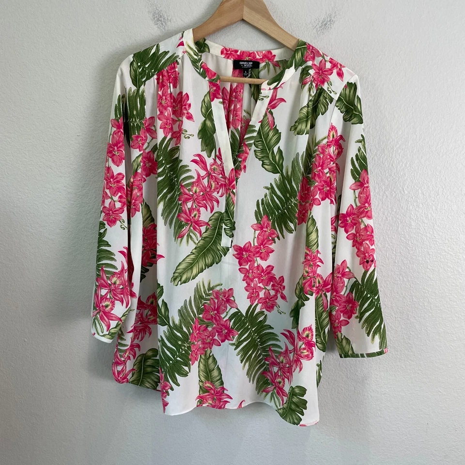Curves 360 NYDJ Womens Large Tropical Floral Blouse Top 3/4 Sleeve Shirt - Image 3 of 4