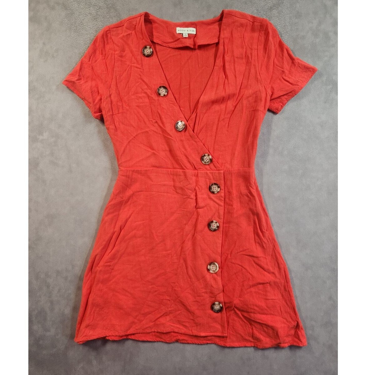 Moon River Anthropologie Mini Wrap Dress Size Small S Red Buttons Linen  Blend