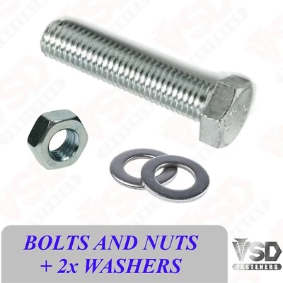 VSD BOLTS AND NUTS AND 2x WASHERS M10 (10mm) FULLY THREADED SCREWS SET ZINC PLATED