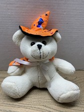 Halloween White Sparkly Witch Teddy Bear Plush Stuffed Animal Orange Wizard Hat