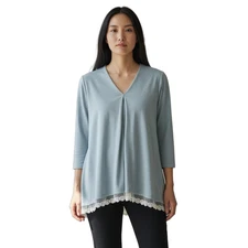 Logo Lounge by Lori Goldstein Women’s 1X Light Blue Top Lace Trim Hi-Low Hem