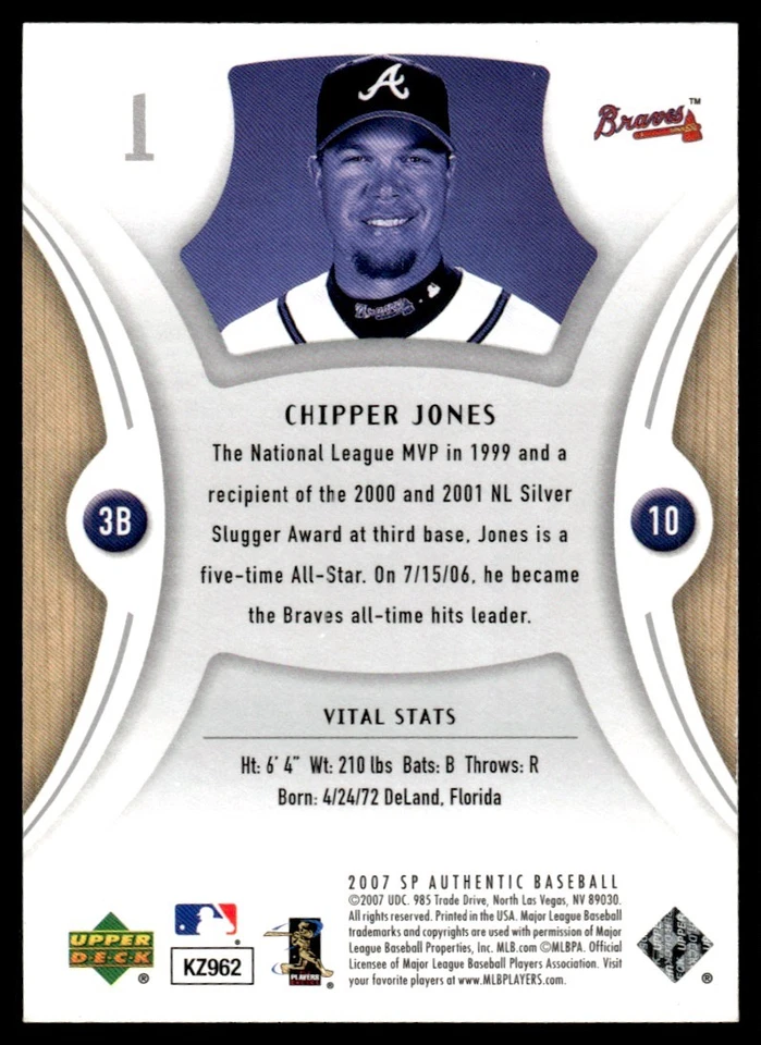 2007 SP Authentic Chipper Jones Atlanta Braves #1 - Image 2 of 2