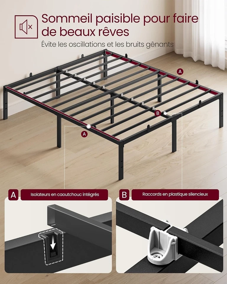 Cadre de lit métal 160x200 VASAGLE sommier rangement noir - Photo 4/4