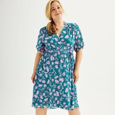 Draper James Teal and Lavender Floral Midi Miranda Wrap Around Dress Extra Large