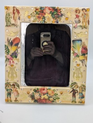 Vintage Handmade Decoupaged Wood Rhinestone Floral Mirror OOAK BEAUTIFUL UNIQUE