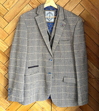 Cavani Men’s Slim Fit 3 Piece Wool Suit Herringbone Check 46in Chest 36R Reg