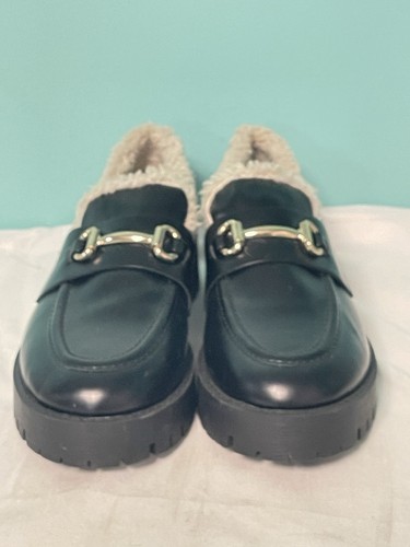 Forever 21 Womens Platform Loafers Sz 7.5M Chunky Heel Black Leather S-305