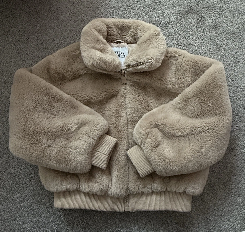 Zara Girls Faux Fur Jacket Size 6-7 Brown Zip Up - Image 3 of 4