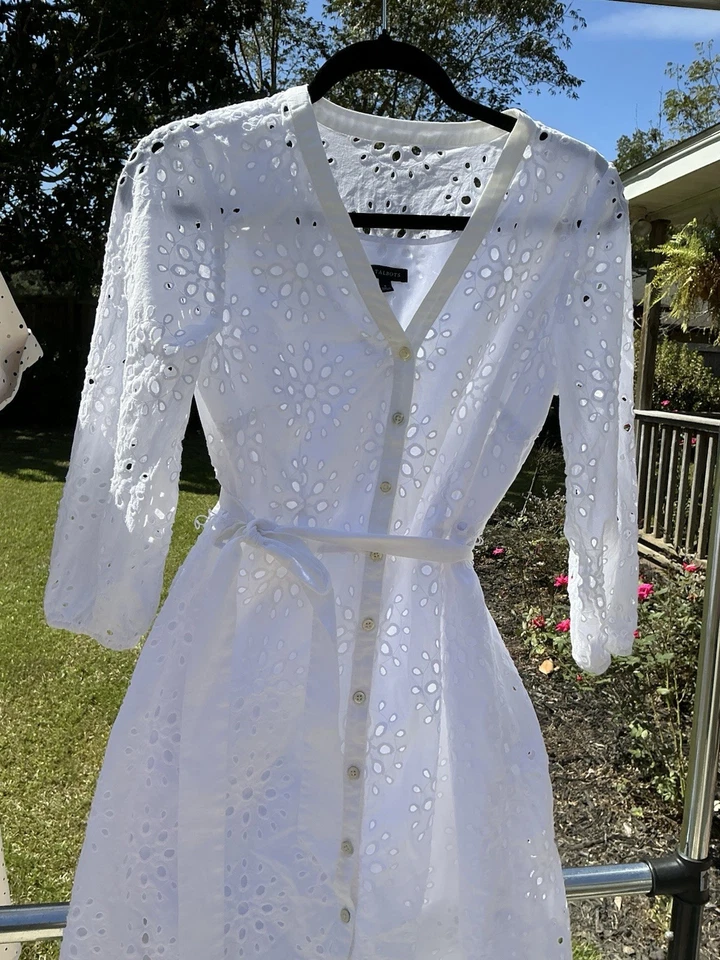 Vestido camisero midi bordado con ojales blancos Talbots para mujer talla 6 algodón Foto 2 de 4