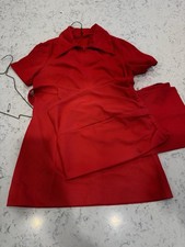 Retro 70s Vtg Sleeved Red Women's Dress Pant Set Polyester Front Zip BH