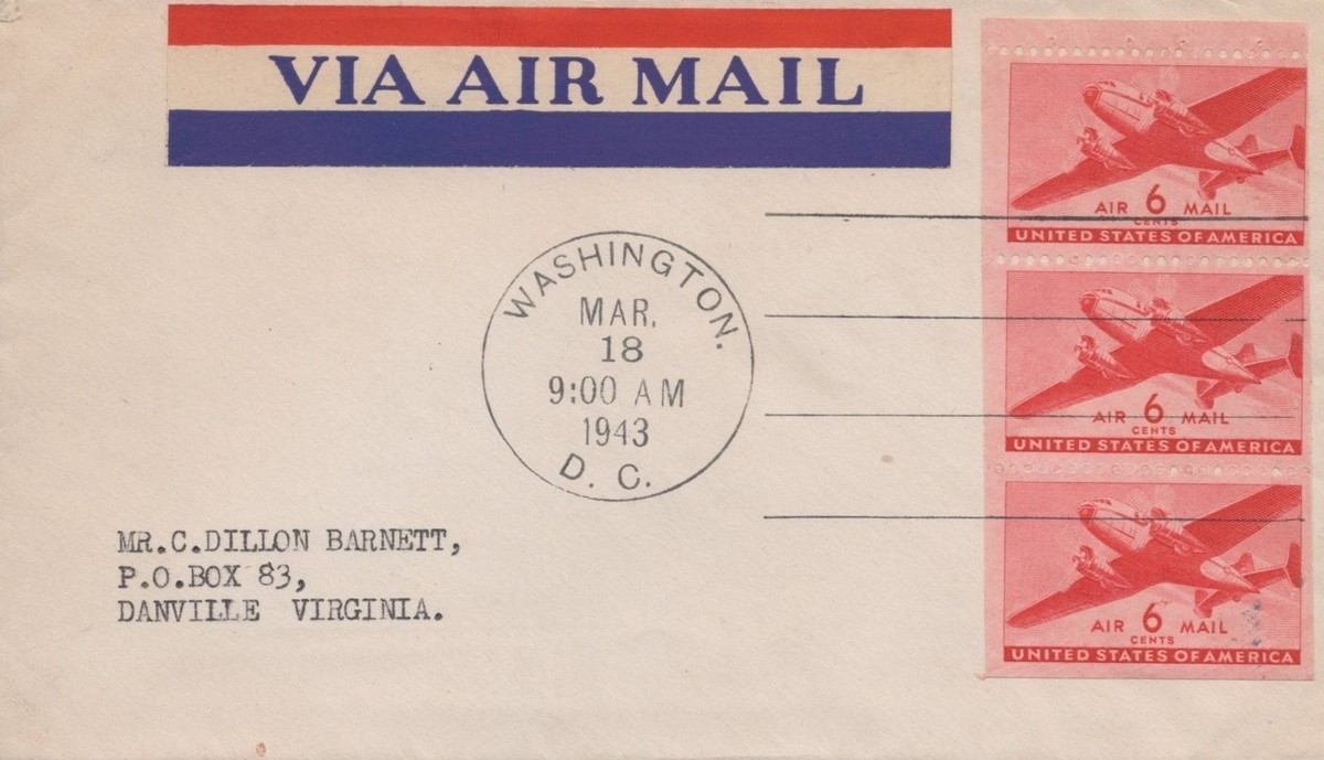 US C25a FDC No cachet Via Air Mail 6c booklet pane ZAYIX