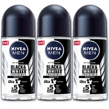 NIVEA Black and White Invisible 48 Hours Man's Deodorant Roll - 50ml, Pack of 3