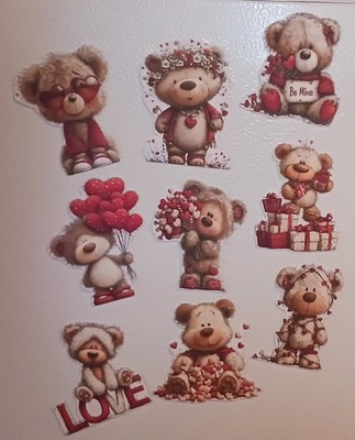 Valentine teddy bear flowers 9 Piece Magnet Set Magnets kitchen love heart new