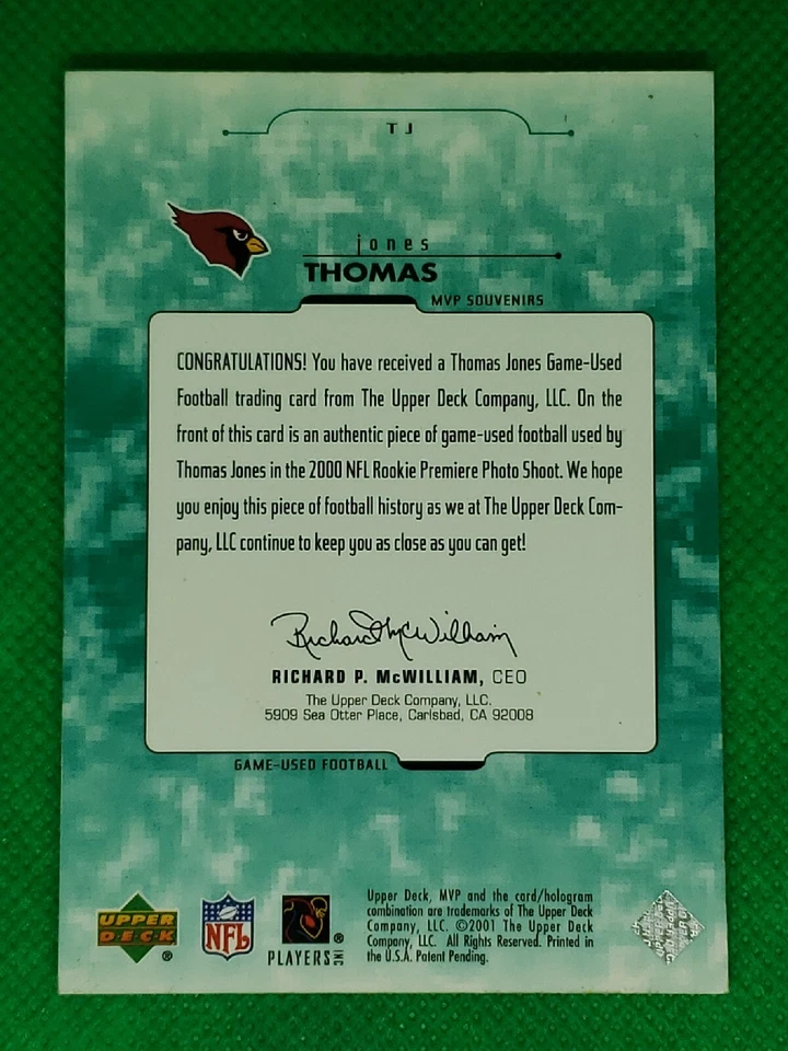 Thomas Jones 2001 Upper Deck MVP #TJ Game Used Football Relic Arizona Cardinals - Image 2 of 2
