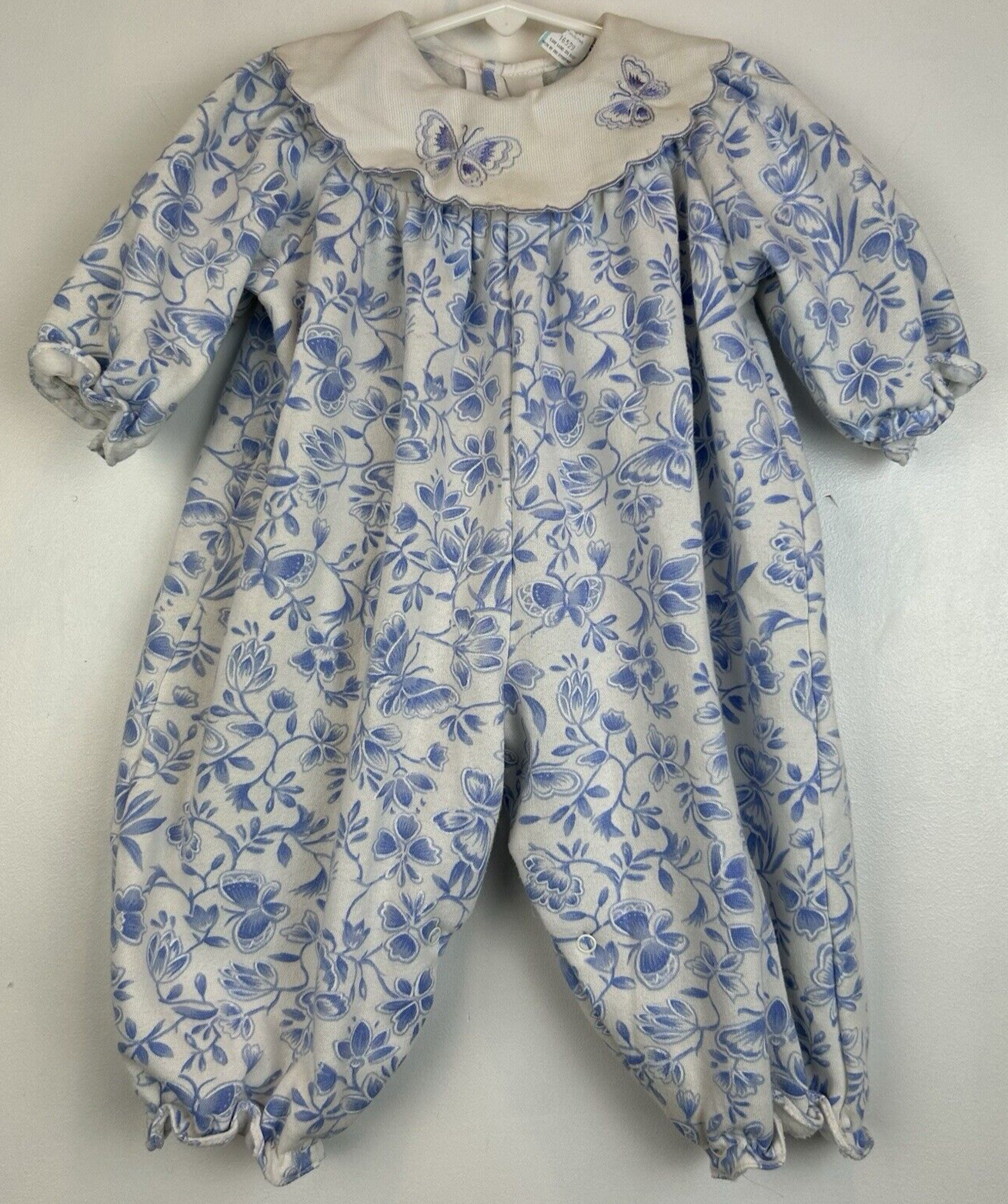 Vintage 80s Blue Butterfly Romper for Girls 18M Snap Legs Sweatshirt Material-image