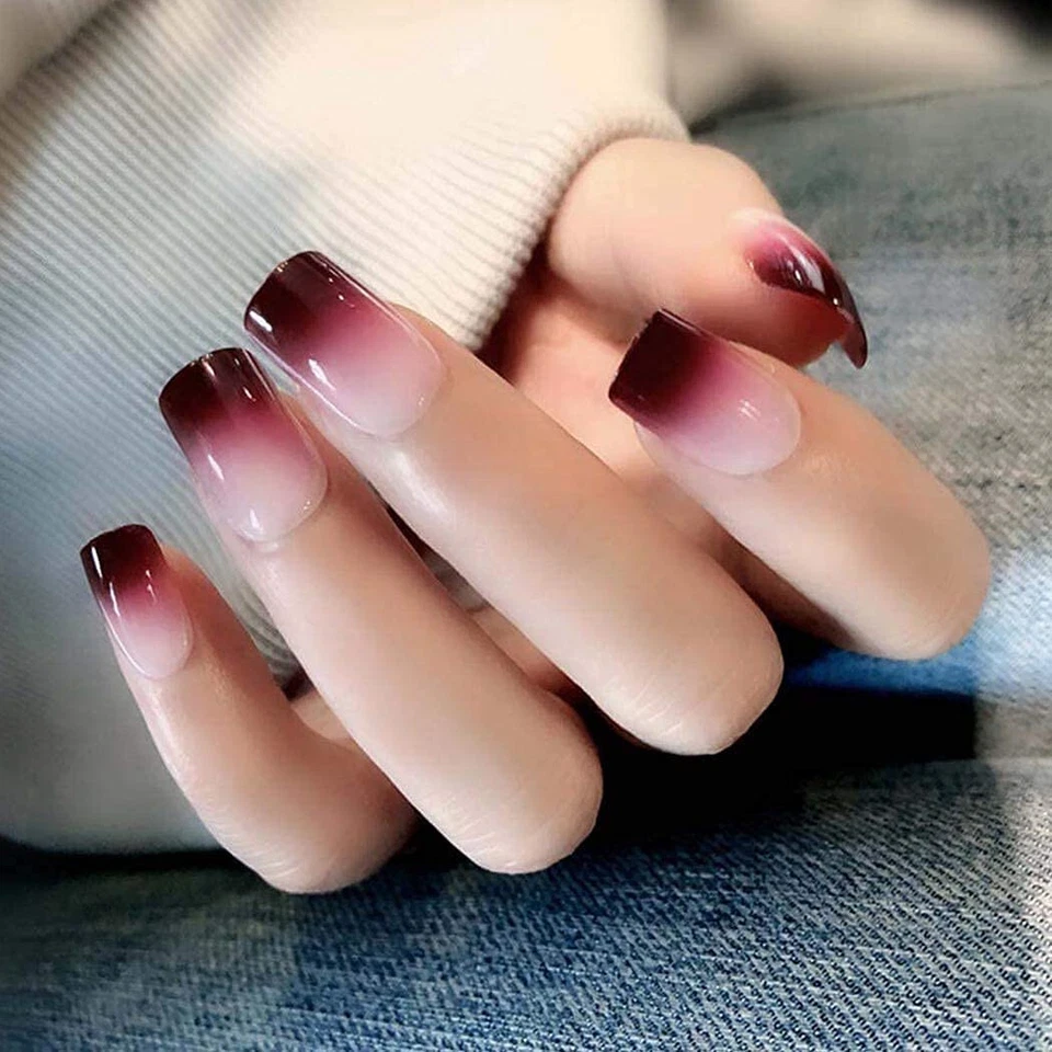 24 Short Press on Nails kit w glue Red Ombre goth dark burgundy bude - Image 3 of 4