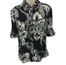 Soca St John Top Womens Sz S Abstract Floral Silk Blend Button Front Tab Sleeves