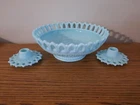 Vtg Fostoria Aqua Blue Milk Glass Centerpiece Fruit Bowl w/Candlesticks Rare