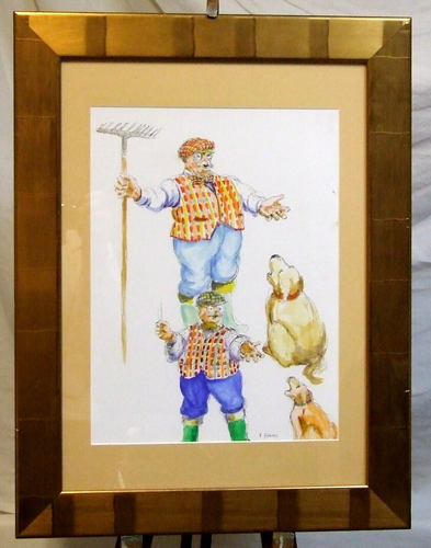 Original watercolour sketch painting signed Peter Atkins framed singing farm dog - Picture 1 of 5
