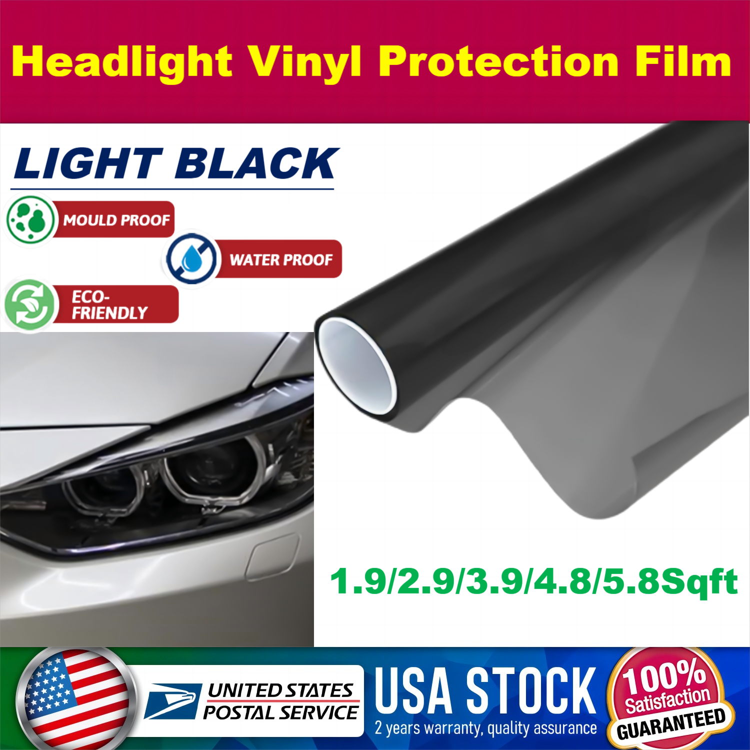1.9-5.8sqft Vinyl Film Tint Car Headlight Taillight Fog Wrap Sticker Decal