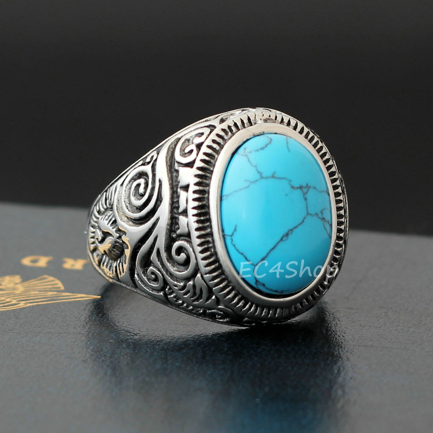 Men's Large Natural Oval Turquoise Gemstone Floral Vine Stainless Steel ...