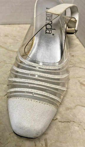 Amanda Women's Cancun White Slingback Sandal Heels Clear Buckle Size 7 1/2 WW - Picture 3 of 8