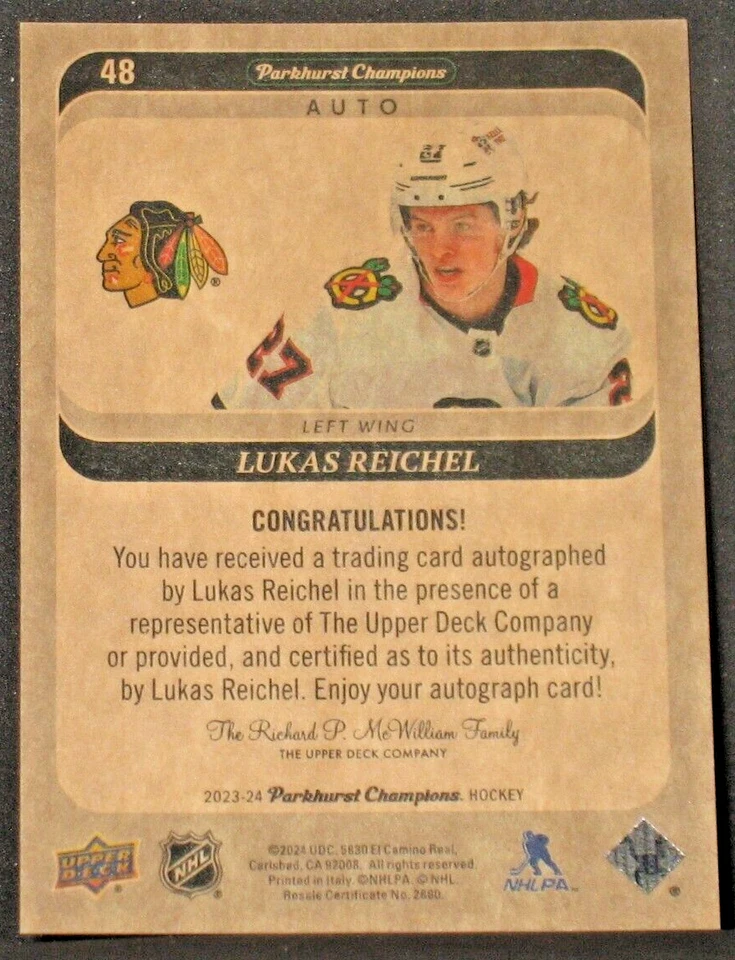 Lukas Reichel 2023-24 Upper Deck Parkhurst Champions Autograph #48 Blackhawks - Image 2 of 2