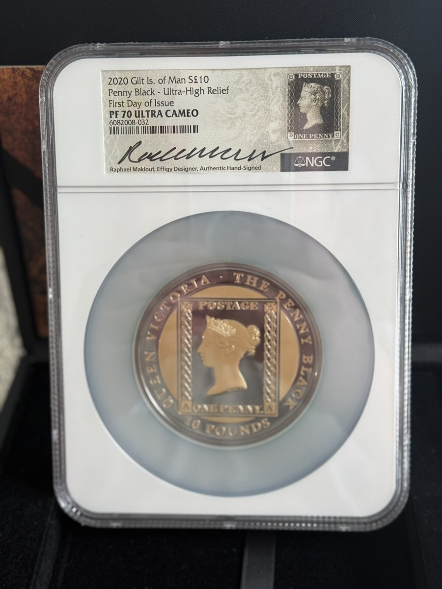 2020 マン島 ペニーブラック ５オンス 銀貨 PF70UC FDOI 箱付 2020 Gold Gilt Isle Of Man Penny Black Ultra High Relief First Day