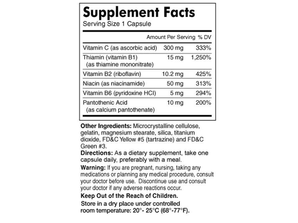 Complejo Vitamínico B y Vitamina C Sistema Nervioso Corazón Saludable 100 Cápsulas Foto 2 de 2