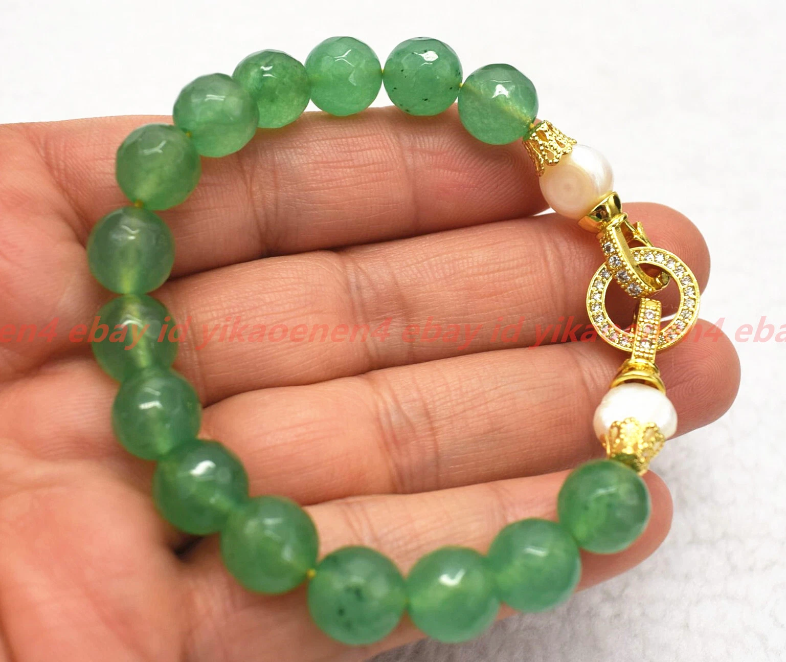 VALENTINO Braccialetto Perla Bianco Fatto a Mano Naturale 10mm Sfaccettato Pietra Preziosa Giada Verde 7 9 pollici