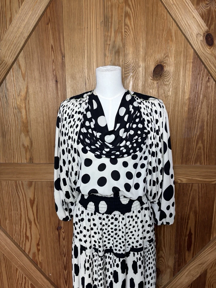 Diane Freis RARE VINTAGE PRINT 80s POLKA DOT MAXI DRESS Embroidered Shoulders - Image 2 of 4