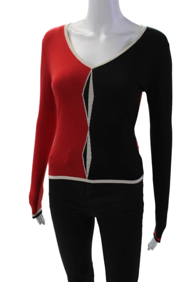 Paul Smith Womens Color Block Long Sleeve V-Neck Pullover Sweater Red Size XS - Image 2 of 4