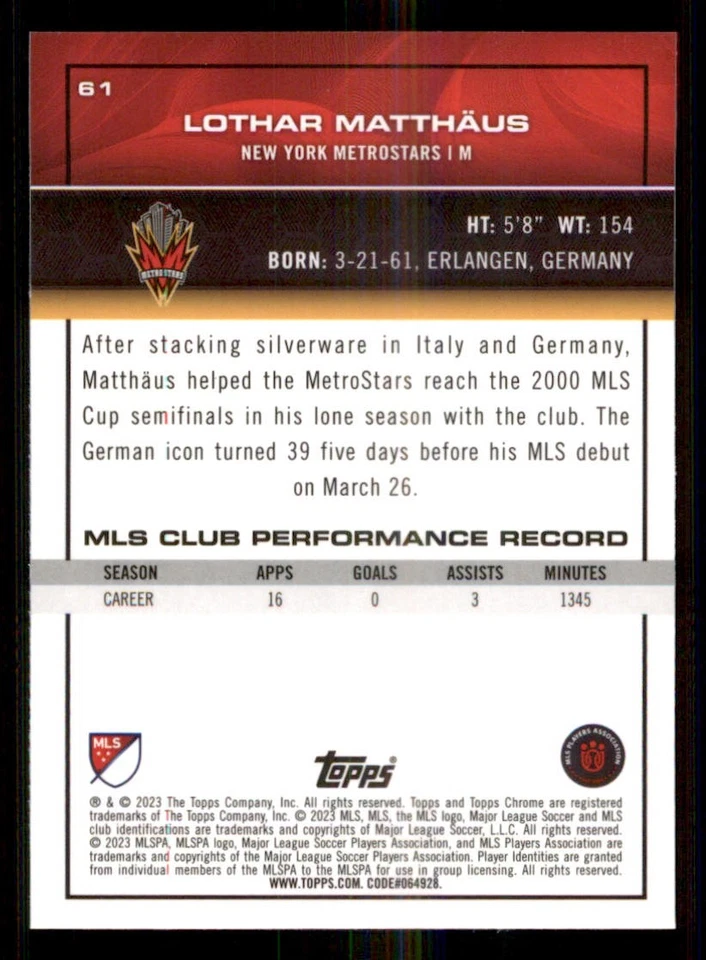 2023 Topps Chrome MLS #61 Lothar Matthaus FB - Image 2 of 2