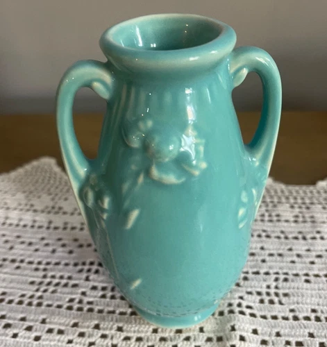 Vintage Shawnee Pottery USA Turquoise Floral Vase Double Handle 5.5" mcm