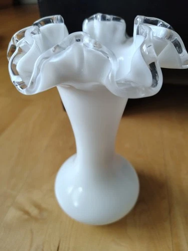 Vintage Fenton-Style Silver Crest Milk Glass Vase w/Clear Double Crimped Lip