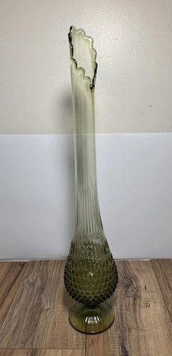 Vintage MCM Fenton Green Hobnail Swung Stretch Glass Extra Large Green Vase 24”