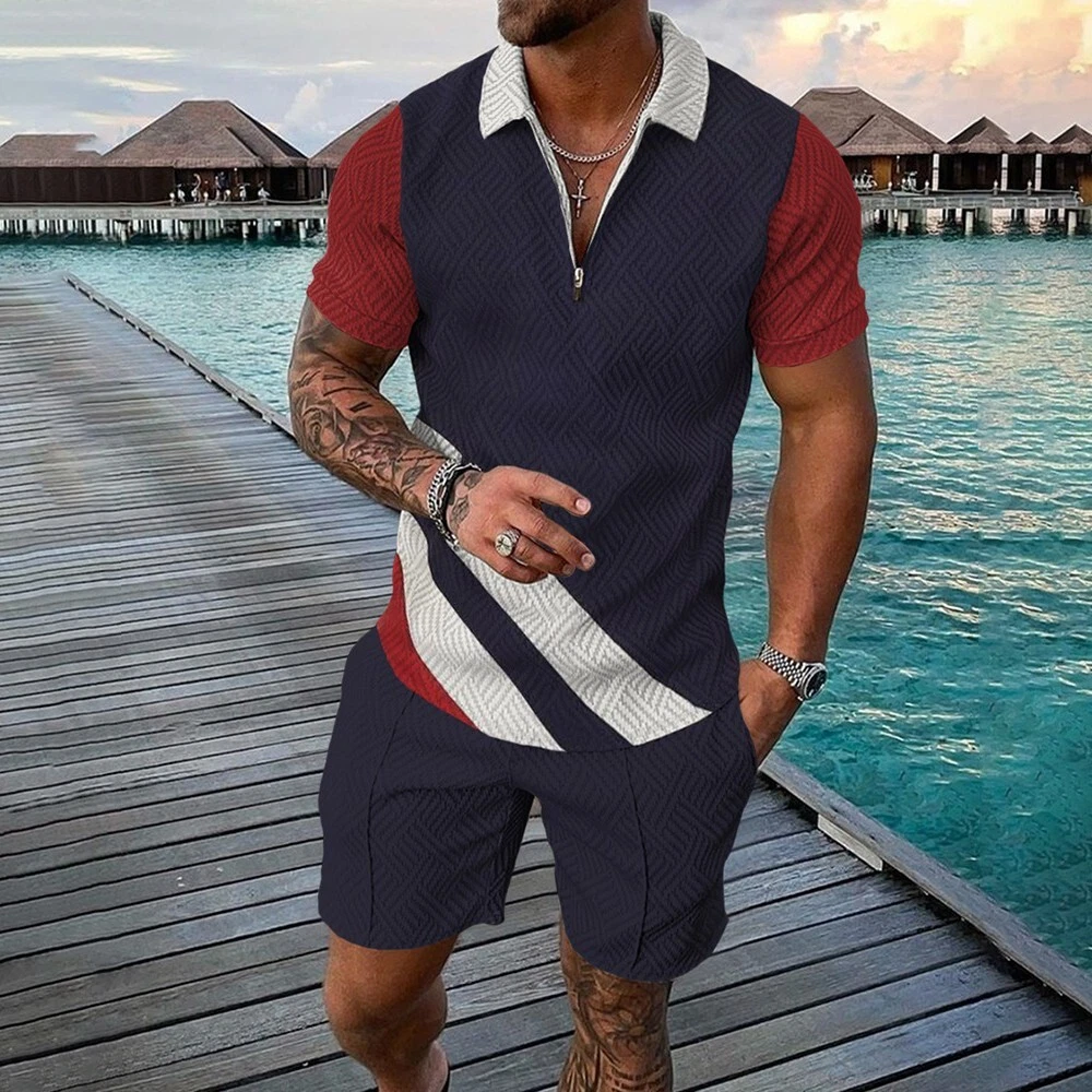 Mens Summer Outfit 2pcs Set Short Sleeve Zip Shirts Shorts Sweatsuit Sets