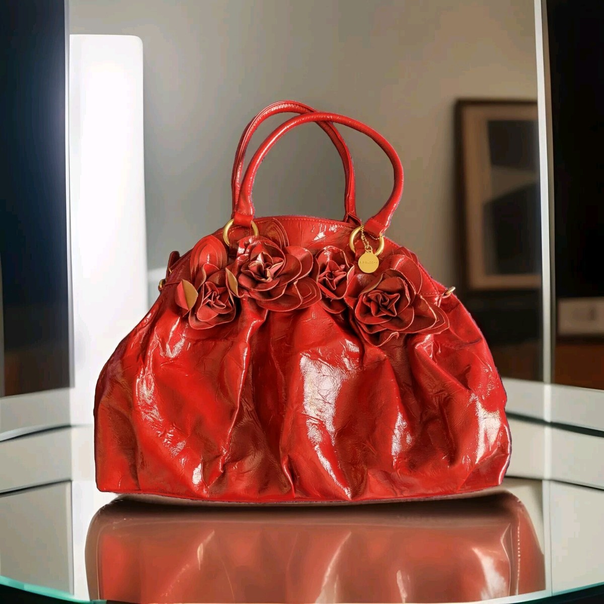 【美品】ボルサソベラナ　バニティバッグ　ハンドバッグ　Red×Gold Big Buddha Large Crinkle Red Roses Vegan Handbag Purse Hobo Bag