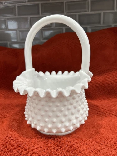 Fenton Hobnail Milk Glass Basket ,Ruffled Edge 10” x 7” Unmarked