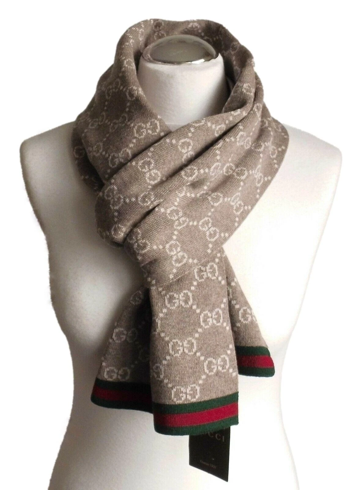 Écharpe GUCCI hommes femmes 100 % laine neuve beige 23 x 180 écharpe châle sciarpa