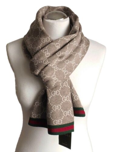 GUCCI Herren Damen Schal 100% Wolle Neu beige 23x180 Scarf Shawl Sciarpa - Afbeelding 1 van 9