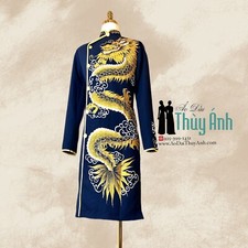 Navy Ao Dai for men, Hand Painted Vietnamese Traditional Long Dress for Men PR1