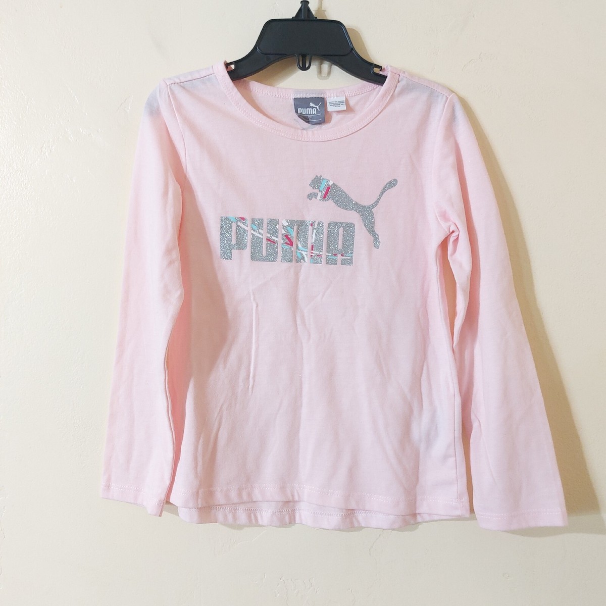 Puma Girls Light Pink Logo Print Long Sleeve Casual T-Shirt