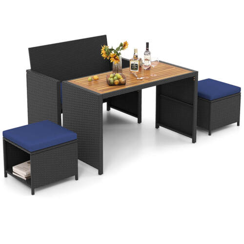 4 Piece Outdoor Dining Set, Rattan Loveseat Chair & 2 Ottomans