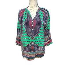 Pookie & Sebastian -630 Silk Blouse Button Down 3/4 Sleeve Green Print Medium