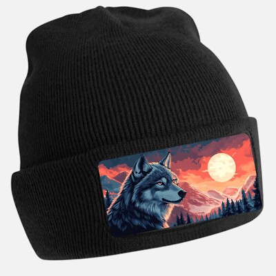 Black Cool Wolf Anime Print Beanie Hat - Unisex Cap, Cotton