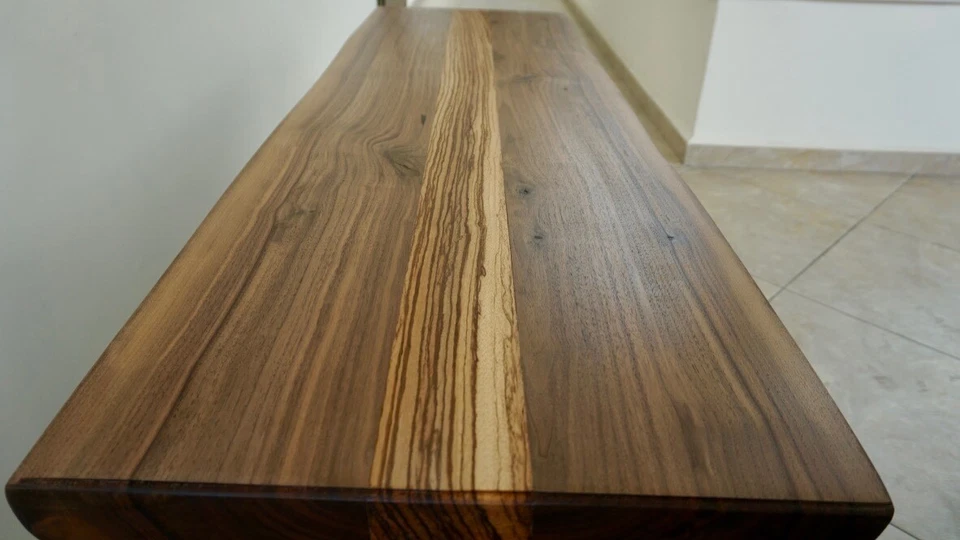 Coffee table / bench. Live edge Walnut and Zebra wood with steel frame . - Image 2 of 2