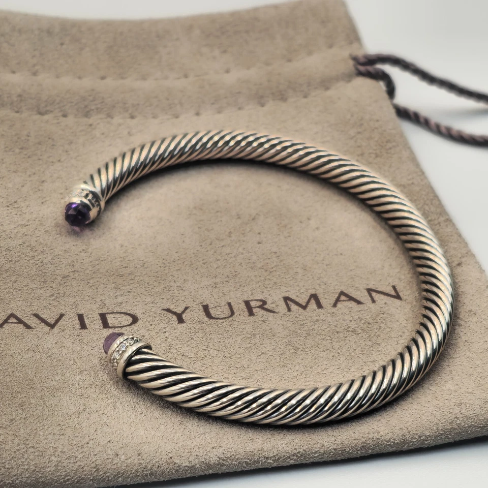 David Yurman Cable Classic Bracelet Amethyst Diamonds Sterling Silver 5mm - Image 4 of 4