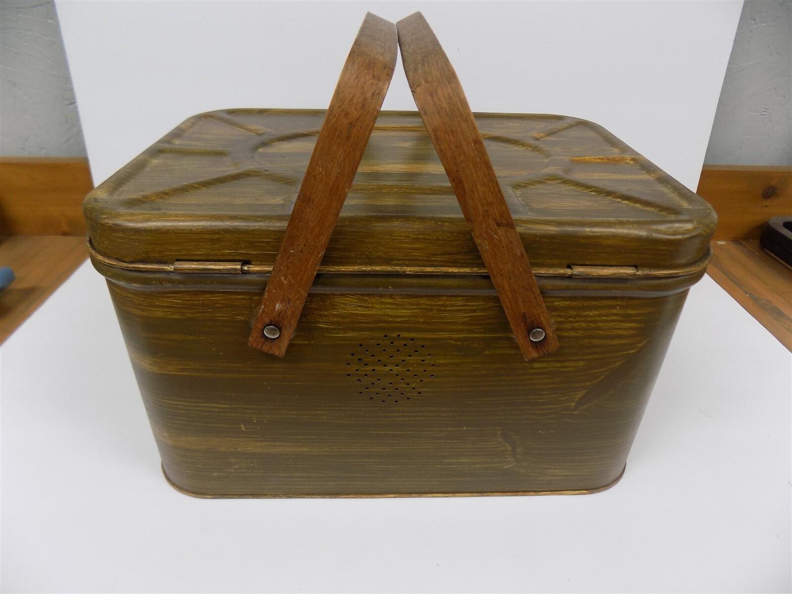 Vintage Brown Metal Picnic Basket with Wooden Handles