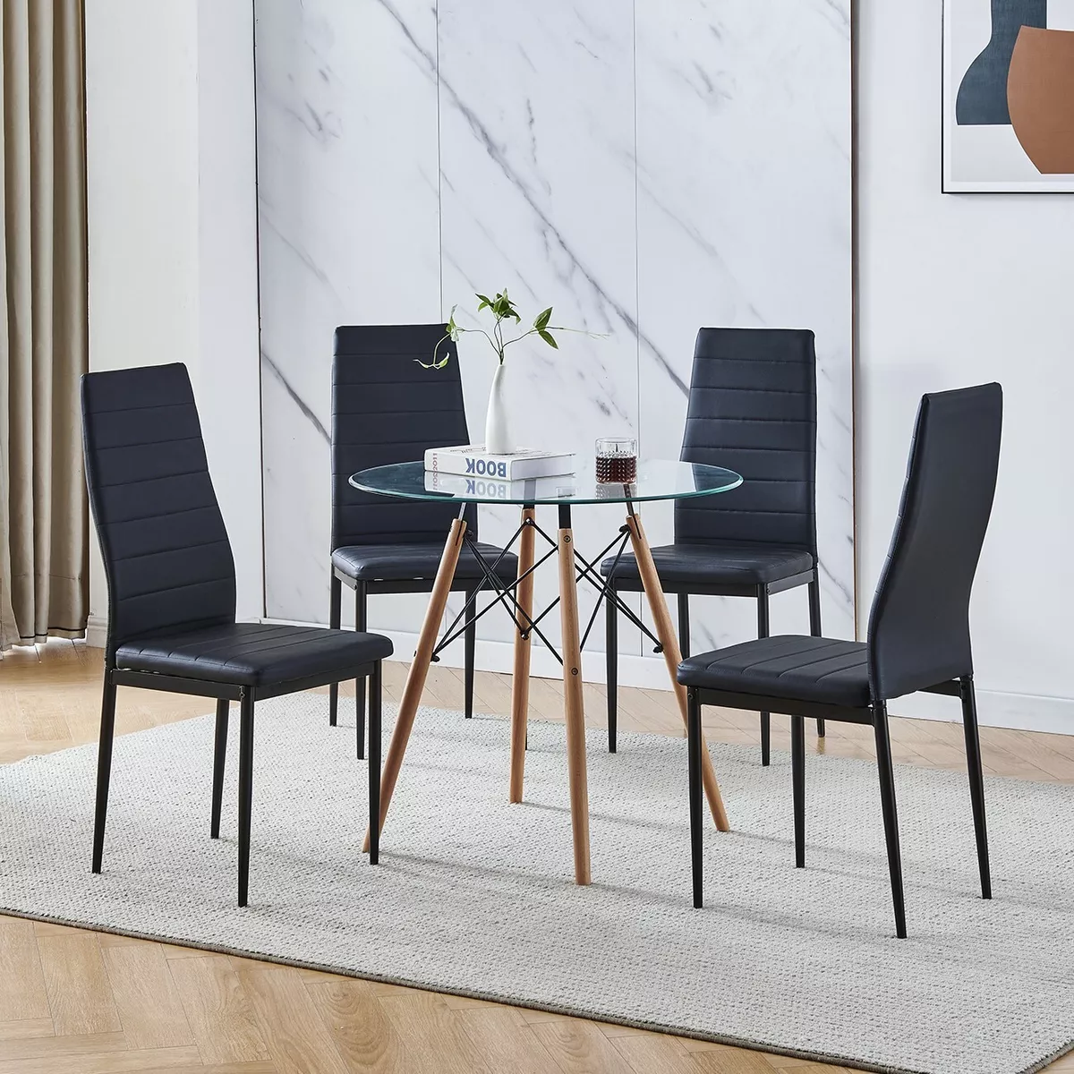 Glass dining table and leather chairs sale